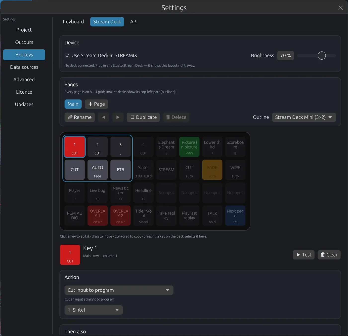 Stream Deck settings: device and brightness, pages, the deck layout with live tally keys and the key editor