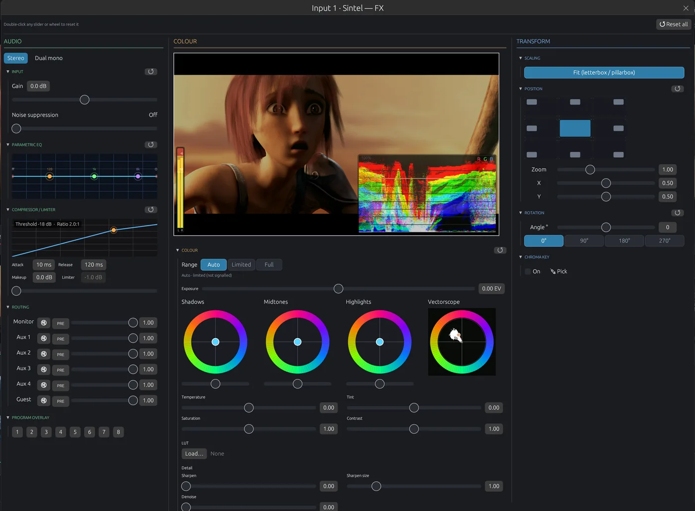 Input FX window with parametric EQ, compressor, colour wheels, chroma key and vectorscope and waveform