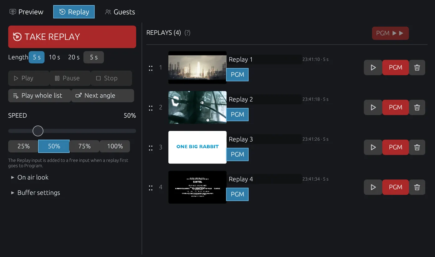 Replay dashboard with take replay, speed control, armed sources and a replay list