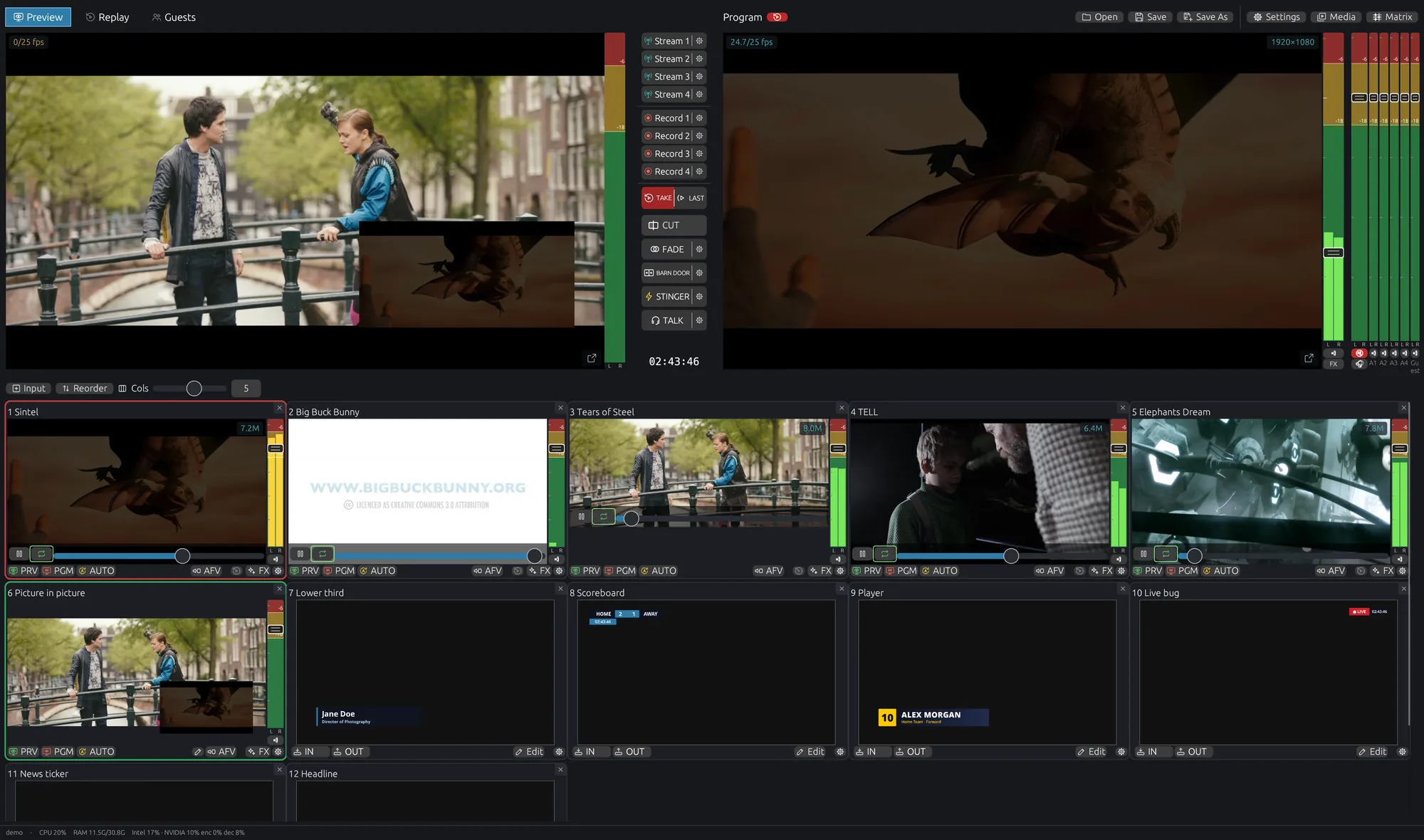 STREAMIX Studio: preview and program, transitions, stream and record buttons, audio meters and a multiview of SRT, browser, title, VDO.Ninja, file and RTMP inputs